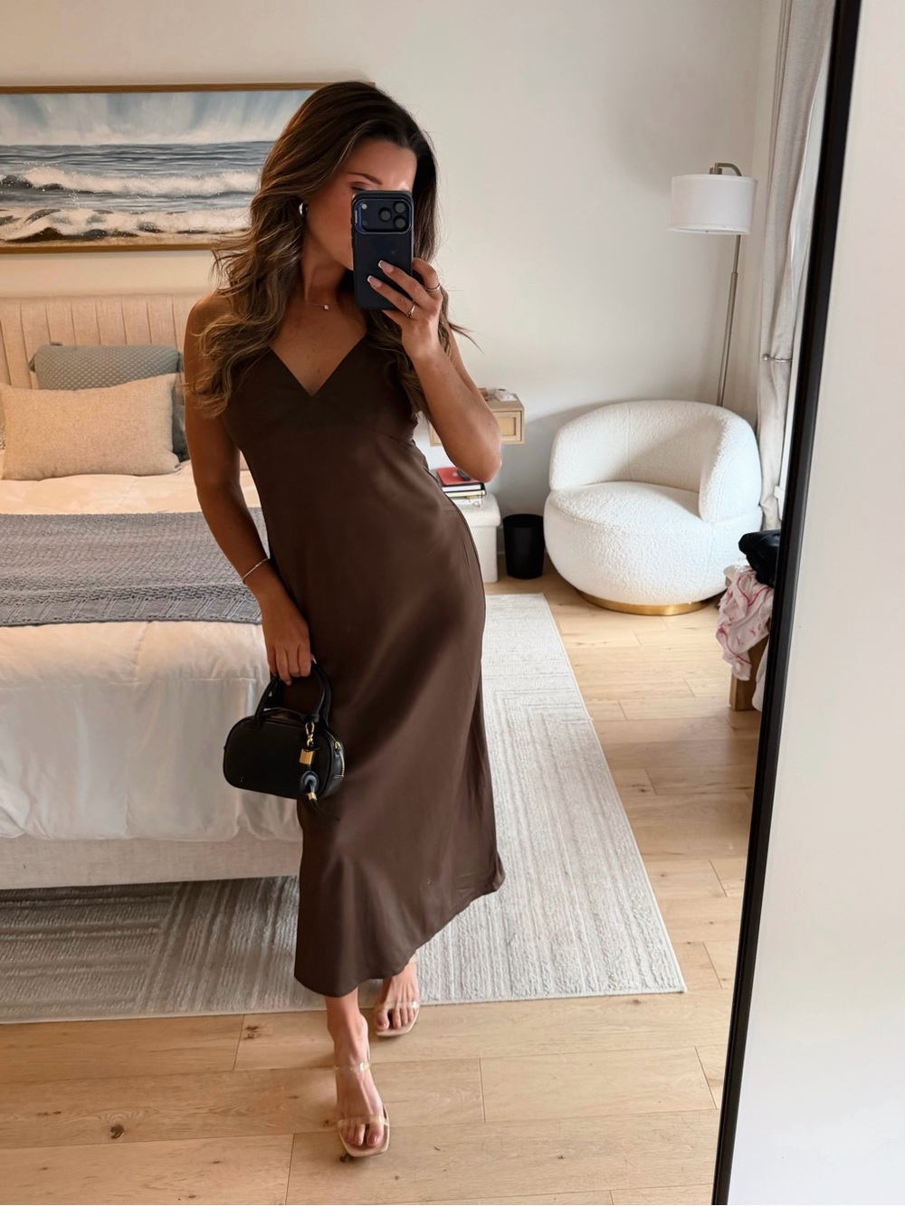 H&M Chocolate Brown V-Neck Slip Midi Dress